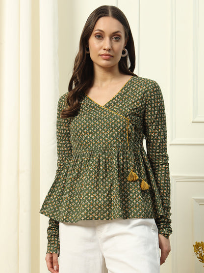 Women's Green Printed Cotton Top