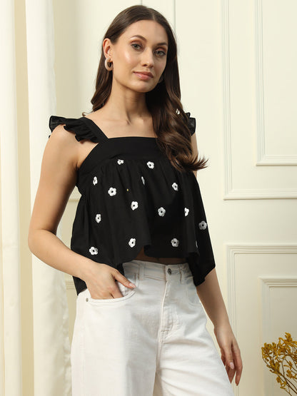 Women's Black Solid Cotton Crop Top