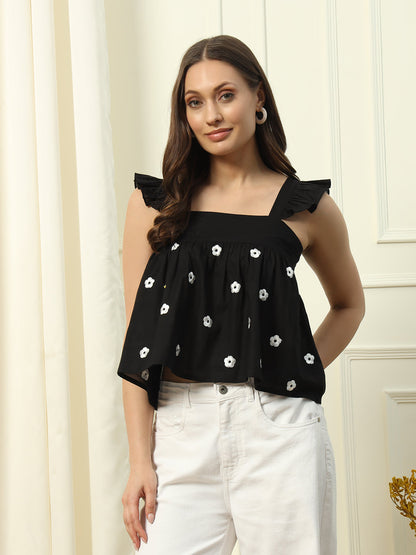 Women's Black Solid Cotton Crop Top