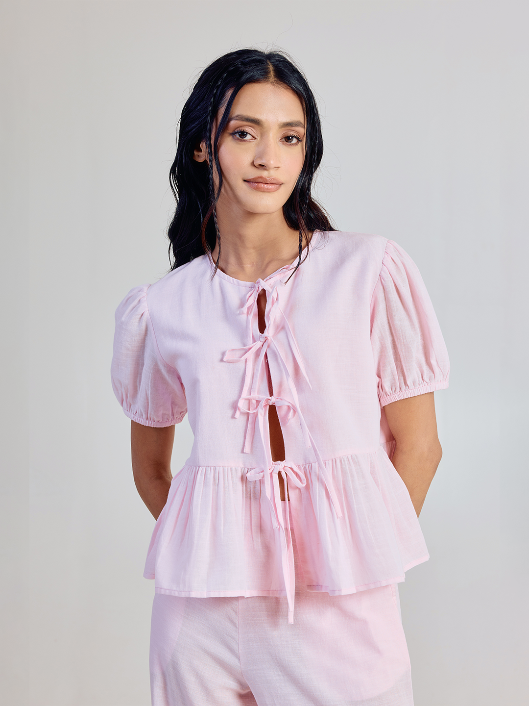 Dhiyona FL Women’s Pink Solid Linen Peplum Top