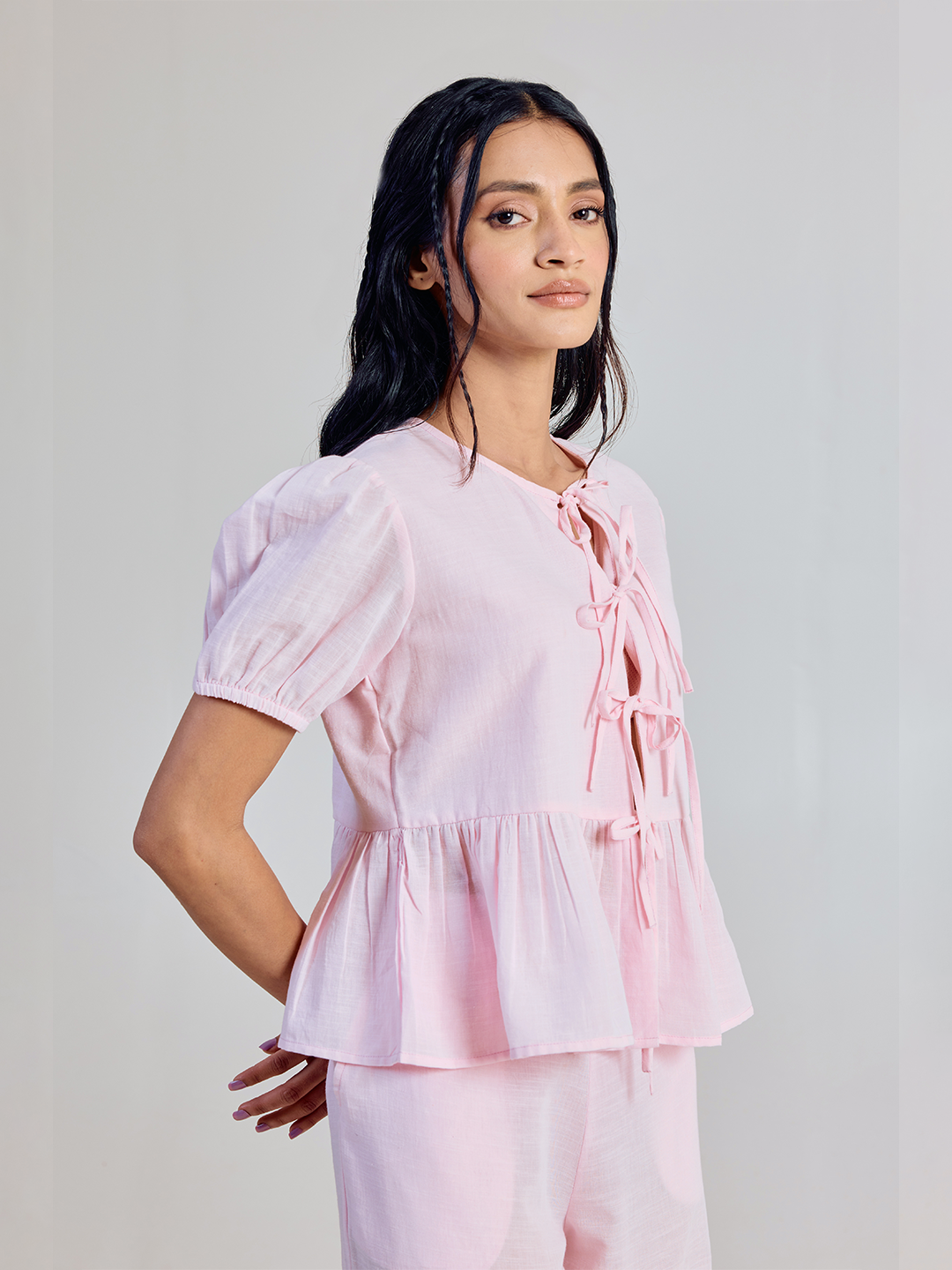 Dhiyona FL Women’s Pink Solid Linen Peplum Top