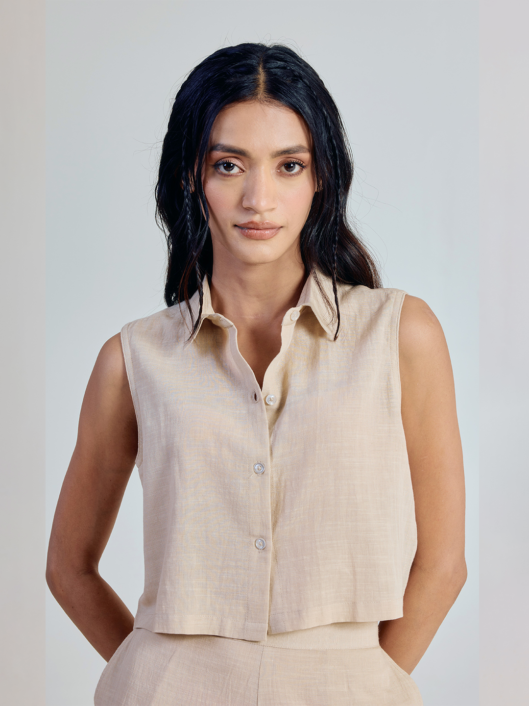 Dhiyona FL Women’s Beige Solid Linen Sleeveless Shirt Top