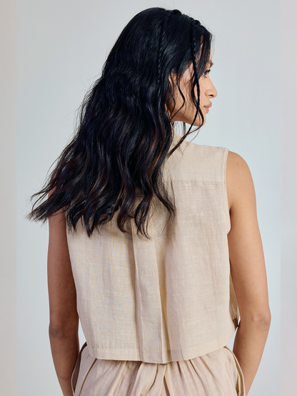 Dhiyona FL Women’s Beige Solid Linen Sleeveless Shirt Top