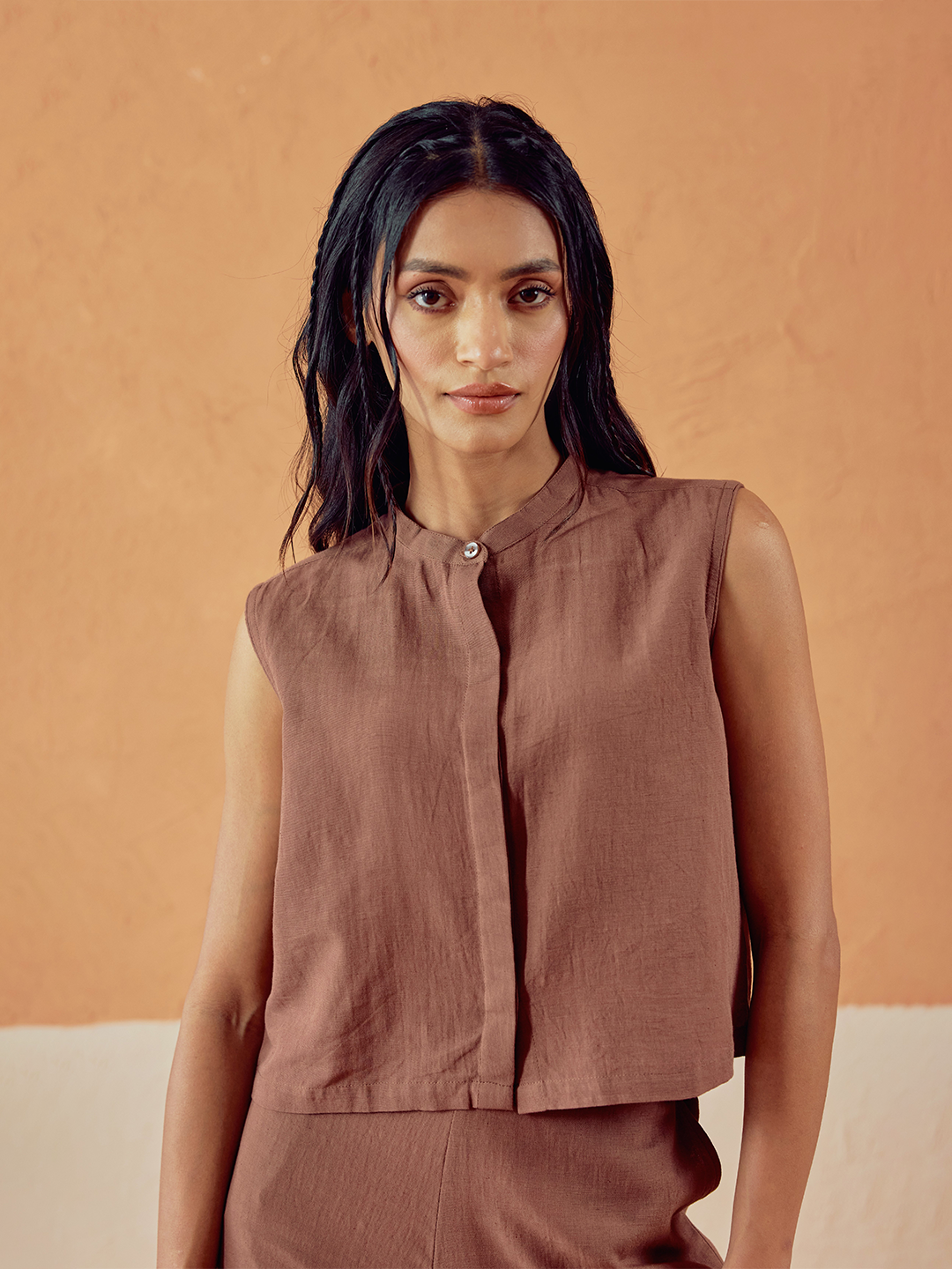 Dhiyona FL Women’s Brown Solid Linen Sleeveless Shirt Top