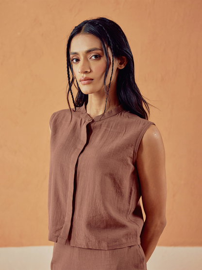 Dhiyona FL Women’s Brown Solid Linen Sleeveless Shirt Top