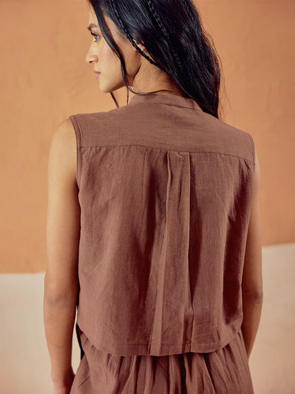 Dhiyona FL Women’s Brown Solid Linen Sleeveless Shirt Top