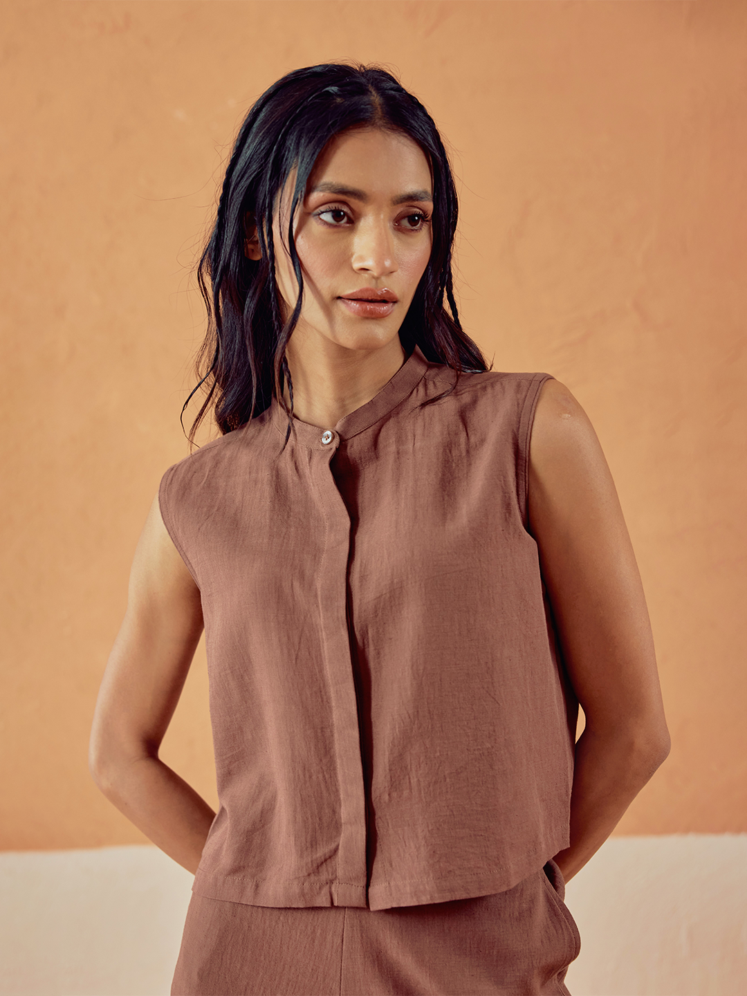 Dhiyona FL Women’s Brown Solid Linen Sleeveless Shirt Top