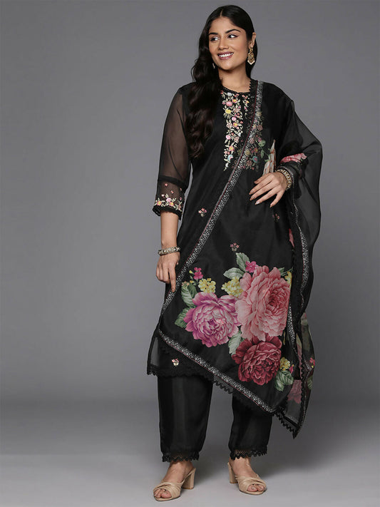 Women's Plus Size Black Embroidered Straight Kurta Trousers With Dupatta Set