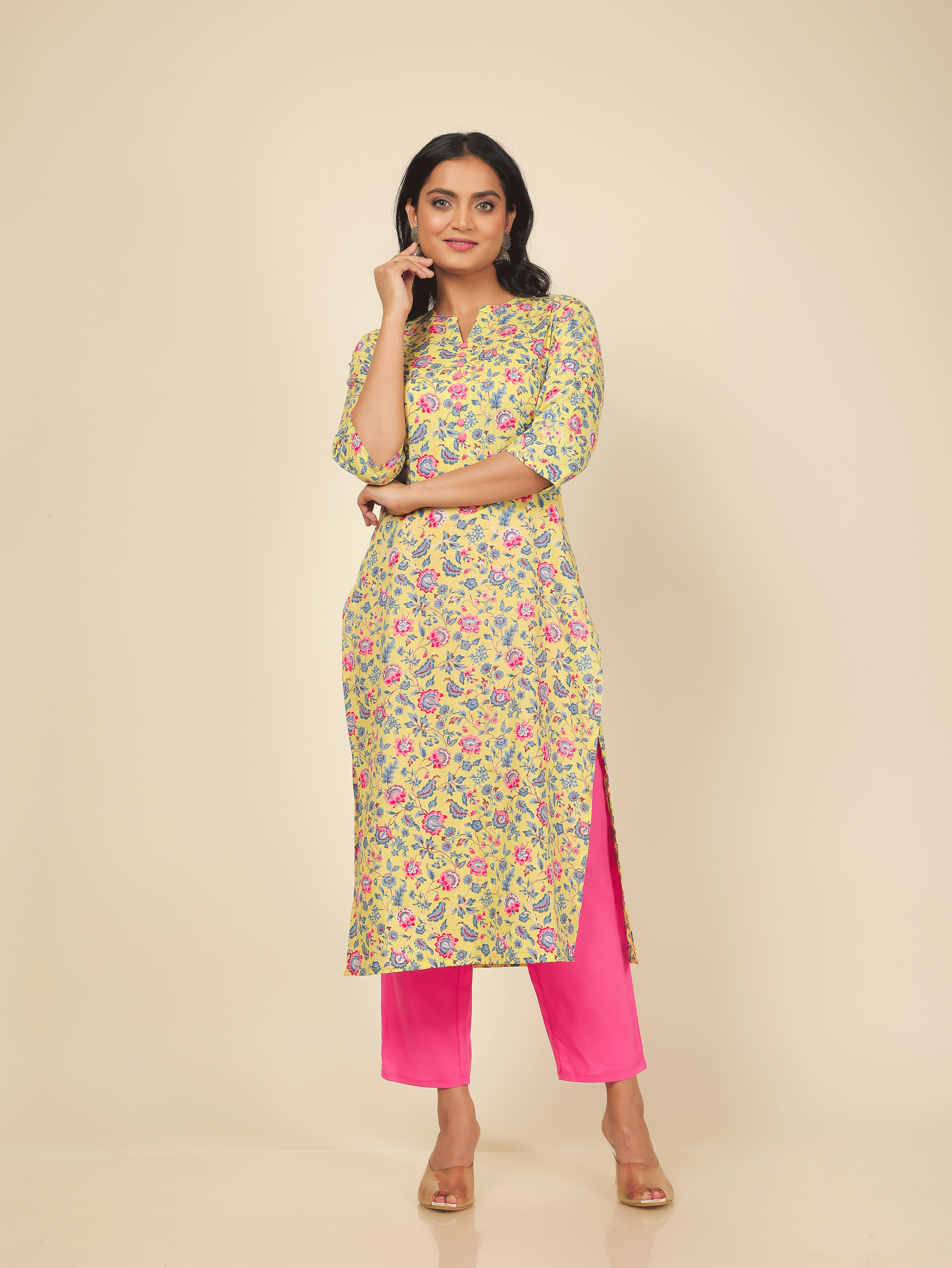Women's Cotton Yellow Straight Kurta Set