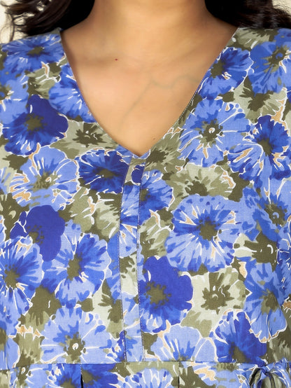 Women's Cotton Blue A-line Kurta Set