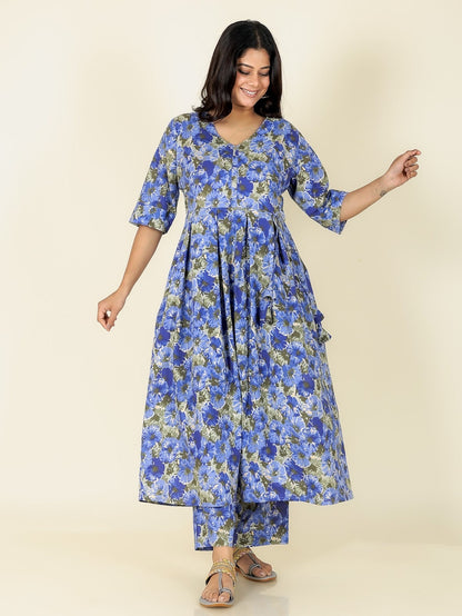 Women's Cotton Blue A-line Kurta Set