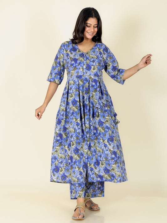 Women's Cotton Blue A-line Kurta Set