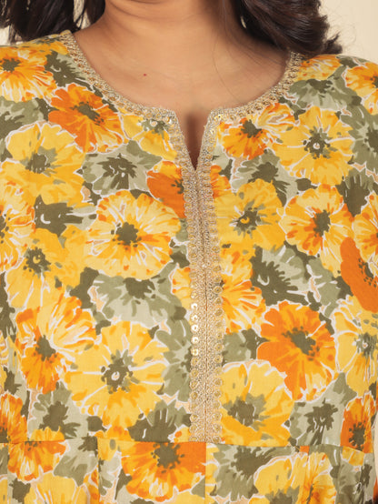 Women's Cotton Yellow Anarkali Kurta Set