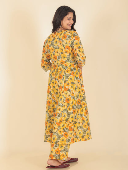 Women's Cotton Yellow Anarkali Kurta Set