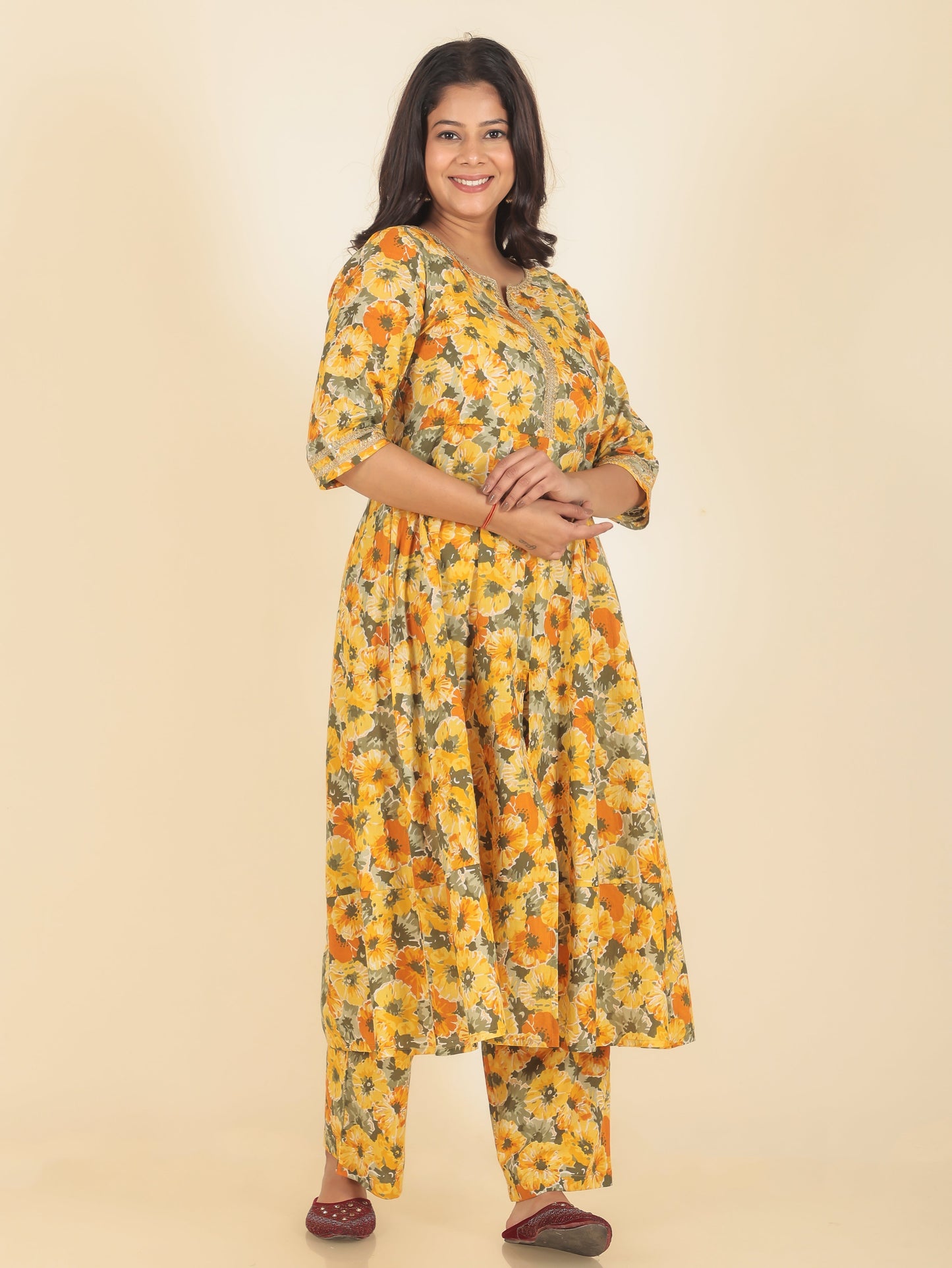 Women's Cotton Yellow Anarkali Kurta Set