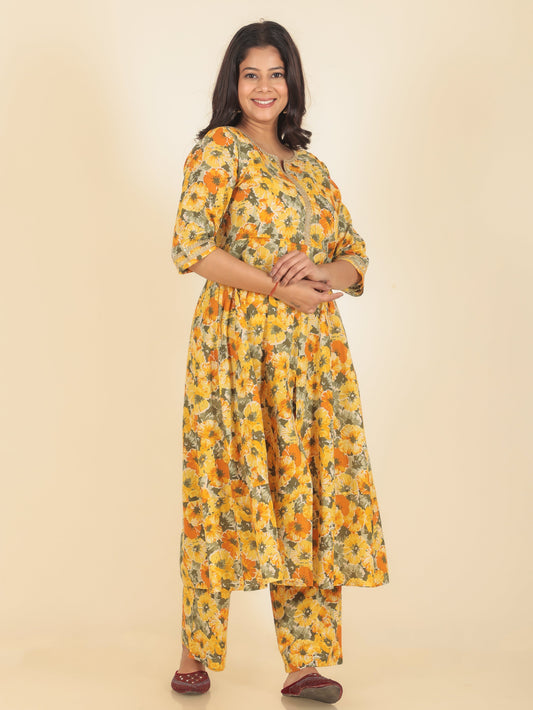 Women's Cotton Yellow Anarkali Kurta Set