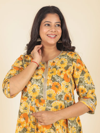 Women's Cotton Yellow Anarkali Kurta Set