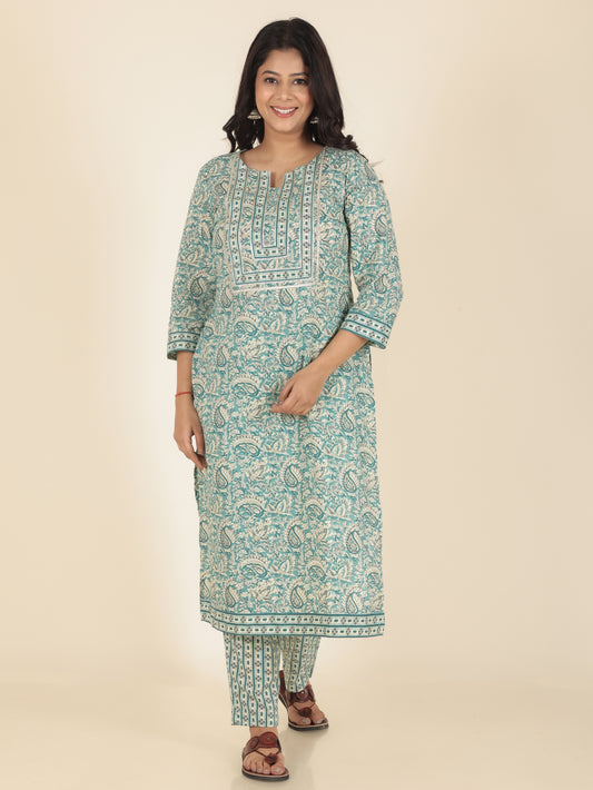 Women's Cotton Green Straight Kurta Set