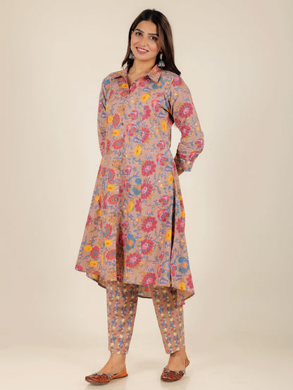 Women's Cotton Brown High Low Kurta