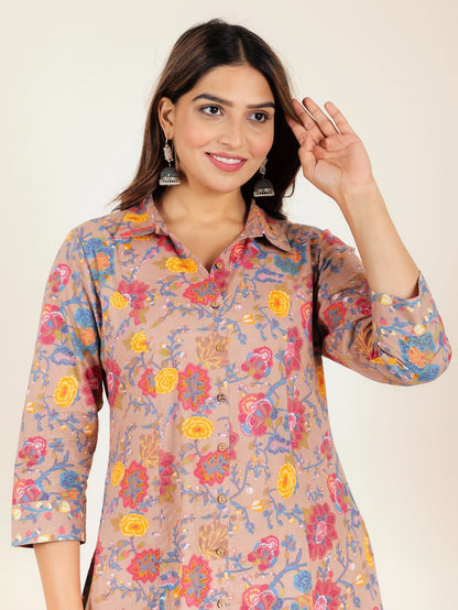 Women's Cotton Brown High Low Kurta Set