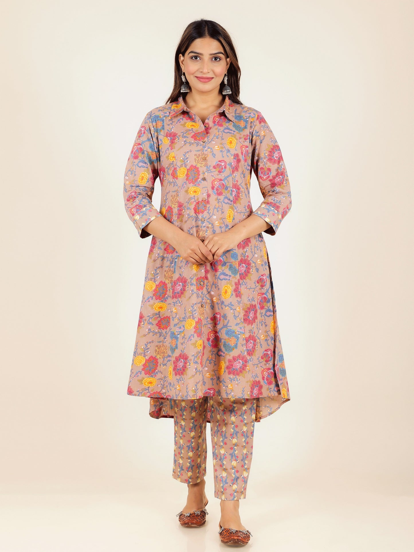 Women's Cotton Brown High Low Kurta
