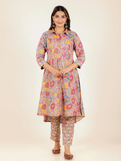 Women's Cotton Brown High Low Kurta