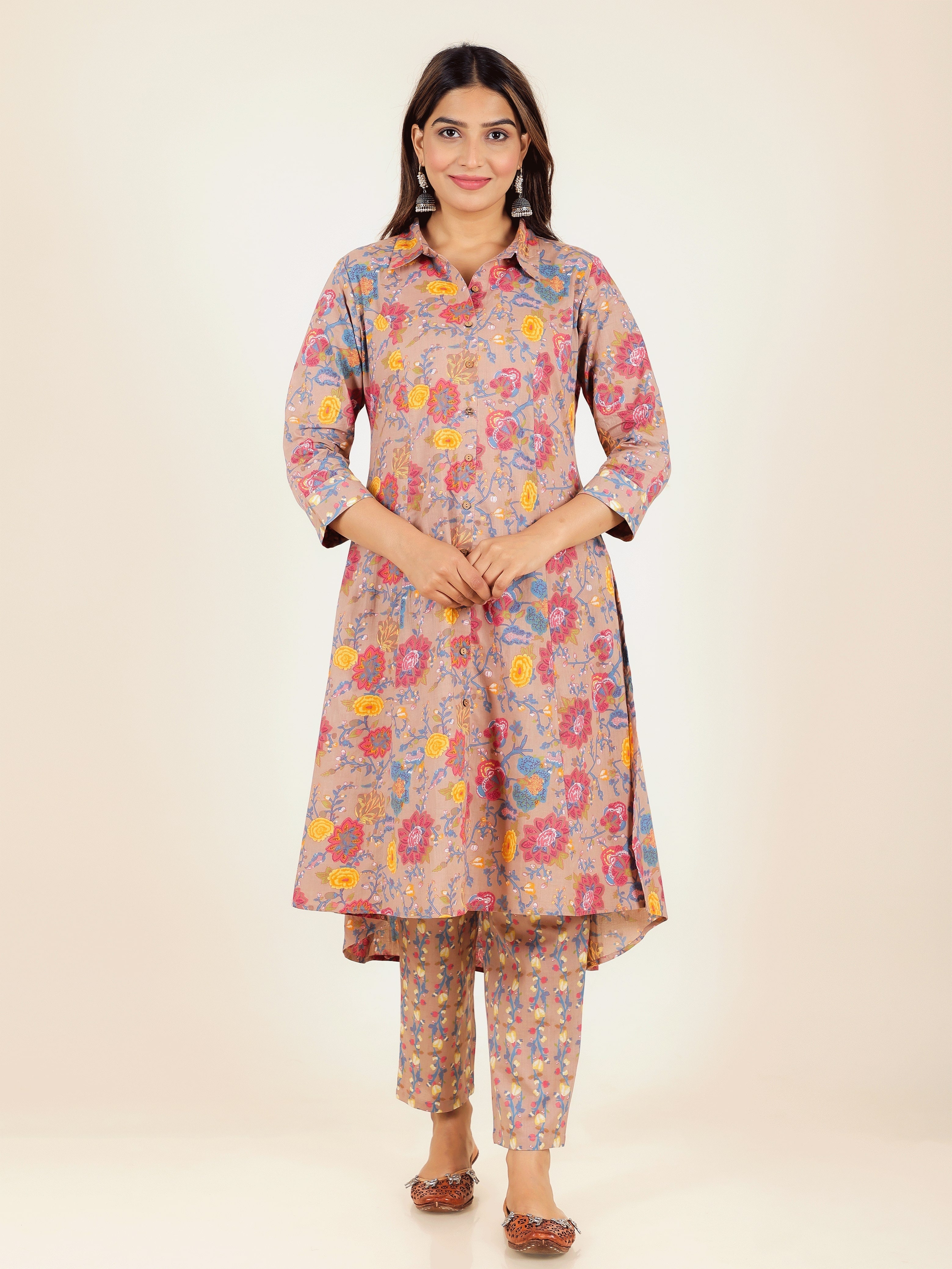 Women's Cotton Brown High Low Kurta Set