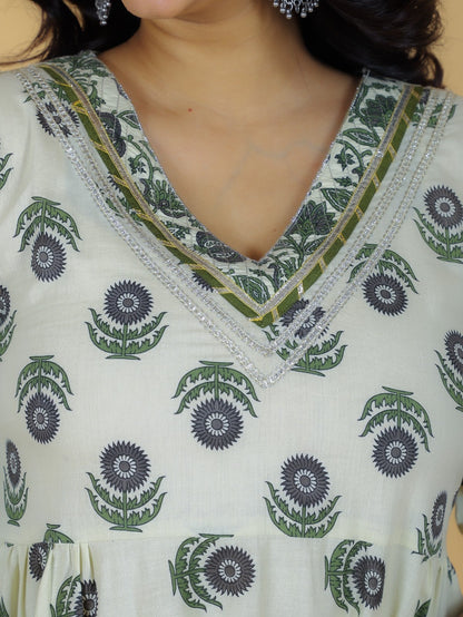 Women's Cotton Off White Flared Kurta Set