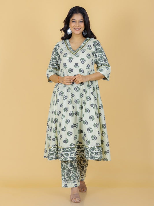 Women's Cotton Off White Flared Kurta Set