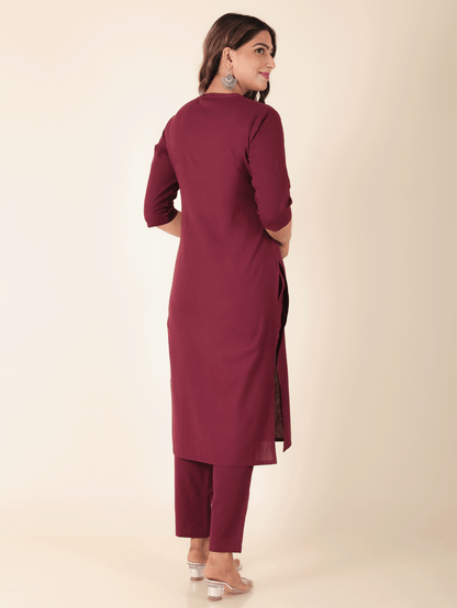 Women's Linen Purple Straight Kurta Set