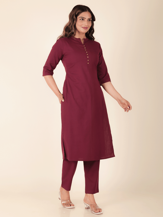 Women's Linen Purple Straight Kurta Set