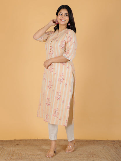 Women's Linen Orange Straight Kurta Set