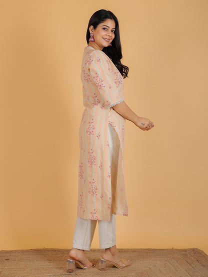 Women's Linen Orange Straight Kurta Set