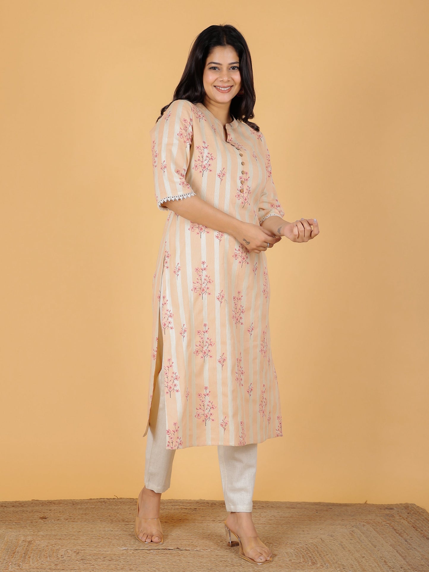 Women's Linen Orange Straight Kurta Set