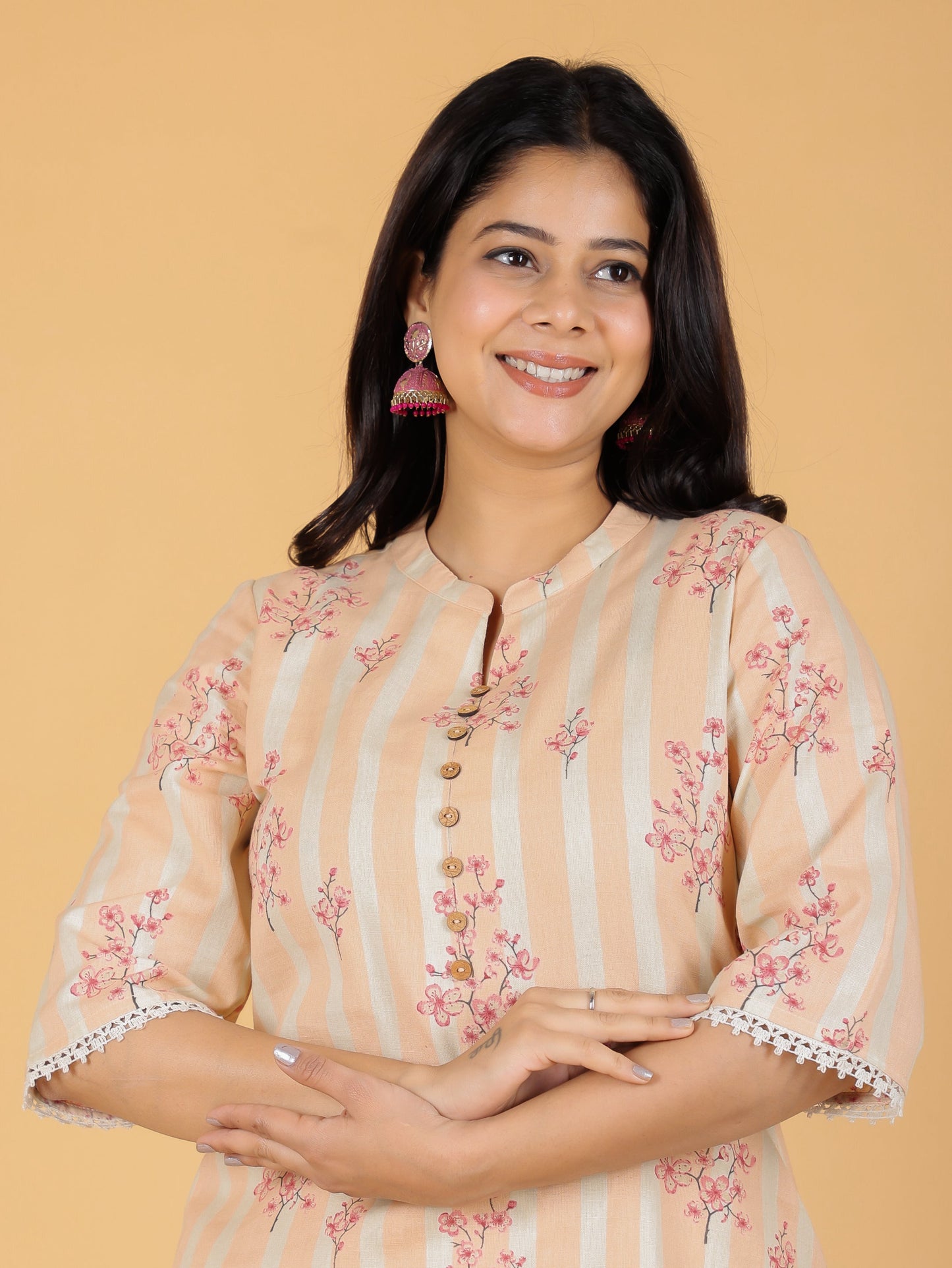 Women's Linen Orange Straight Kurta Set