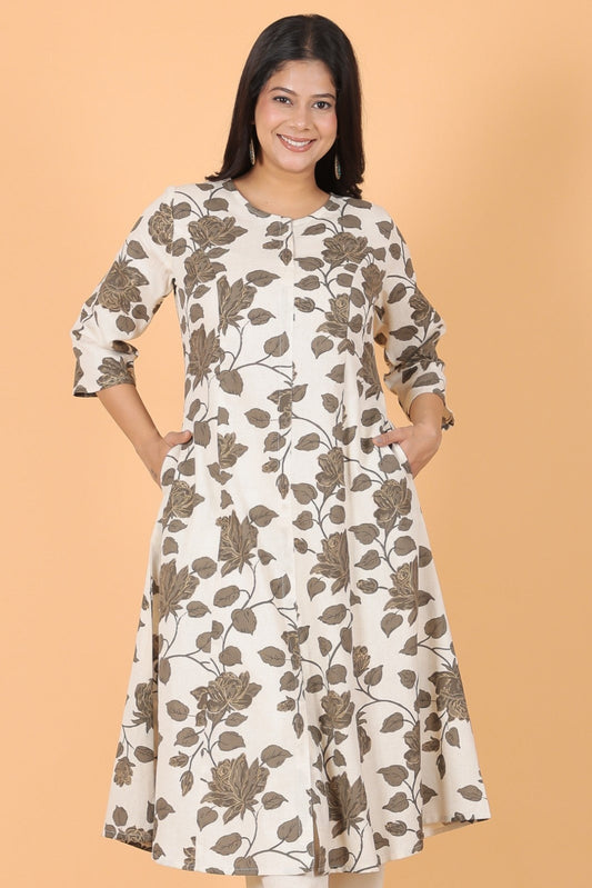 Women's Linen White A-line Kurta Set