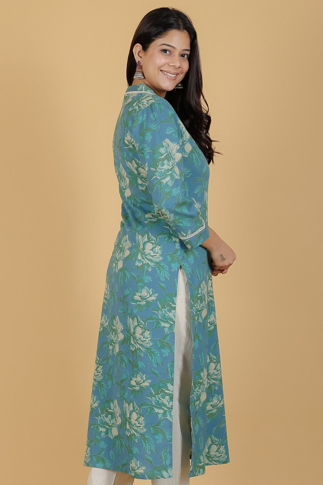 Women's Linen Green Straight Kurta Set