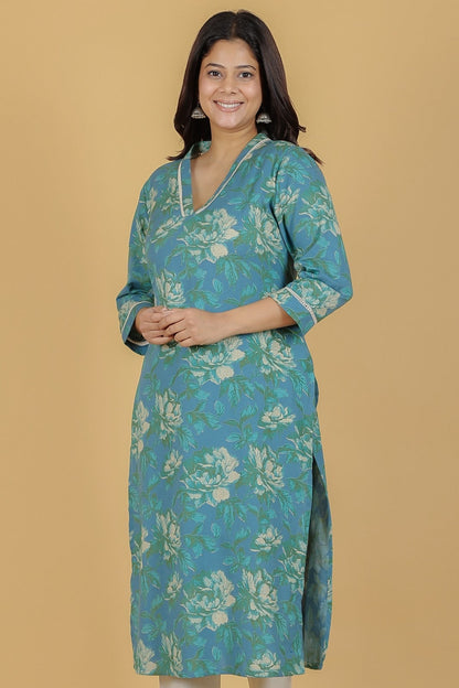 Women's Linen Green Straight Kurta Set