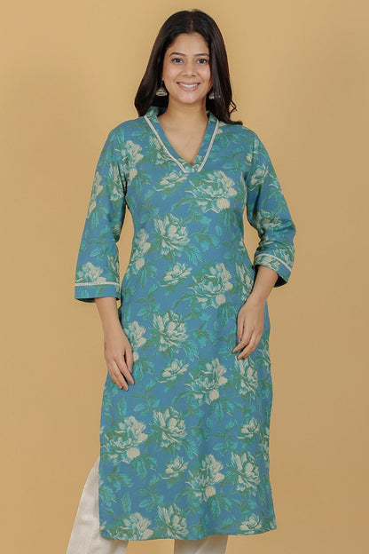 Women's Linen Green Straight Kurta Set