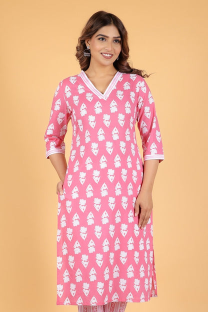 Women's Cotton Pink Straight Kurta
