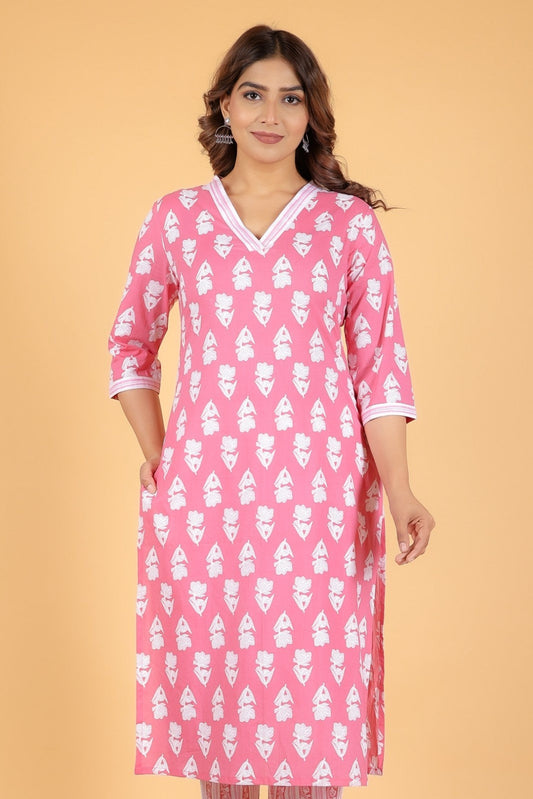 Women's Cotton Pink Straight Kurta