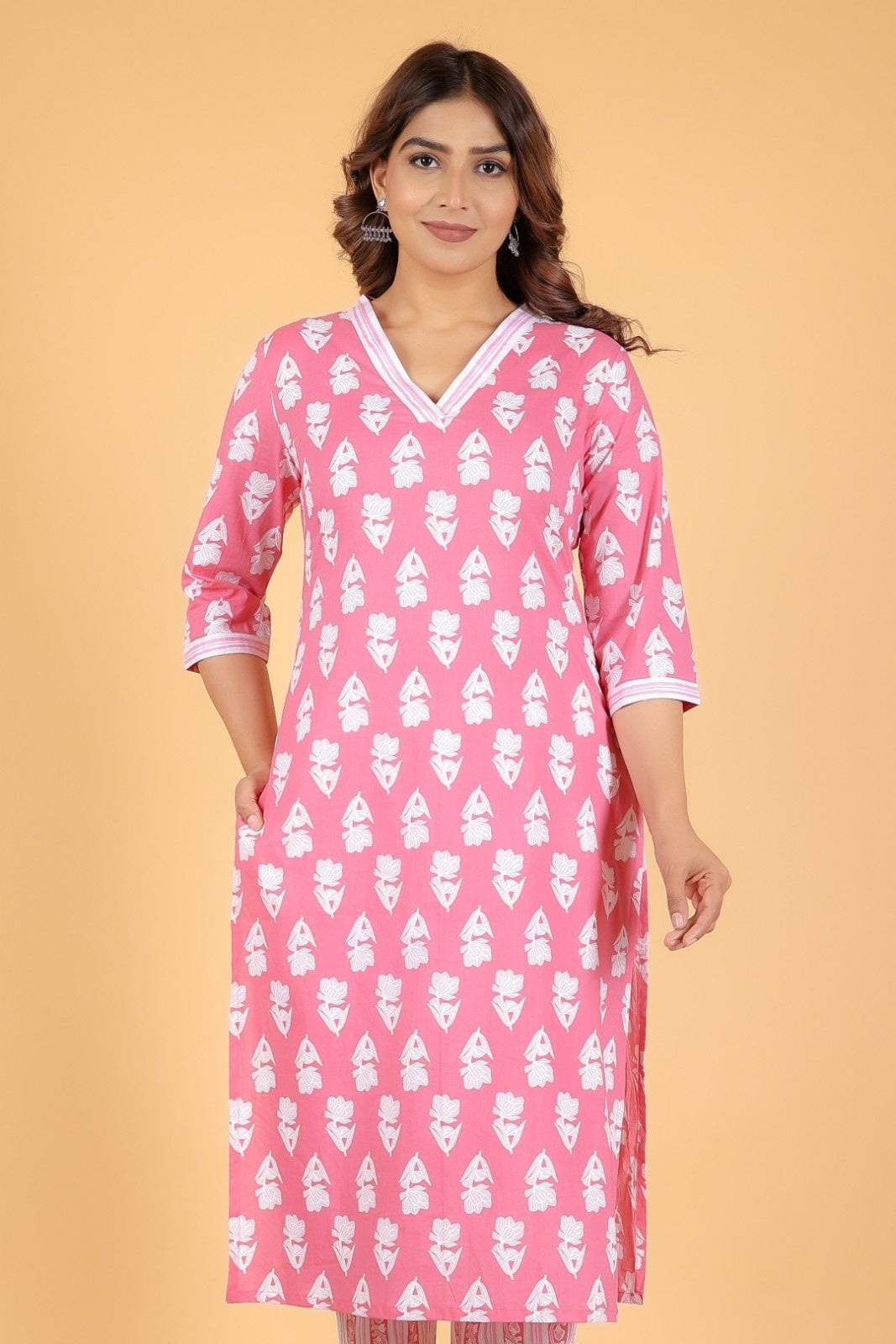 Women's Cotton Pink Straight Kurta Set