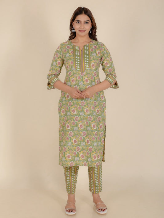 Women's Cotton Green Straight Kurta Set