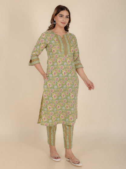 Women's Cotton Green Straight Kurta Set