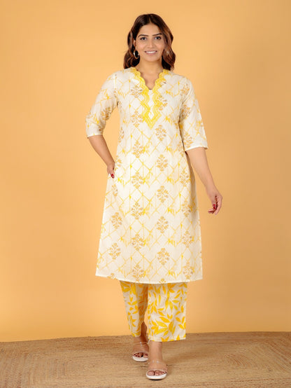 Women's Cotton Yellow Straight Kurta Set