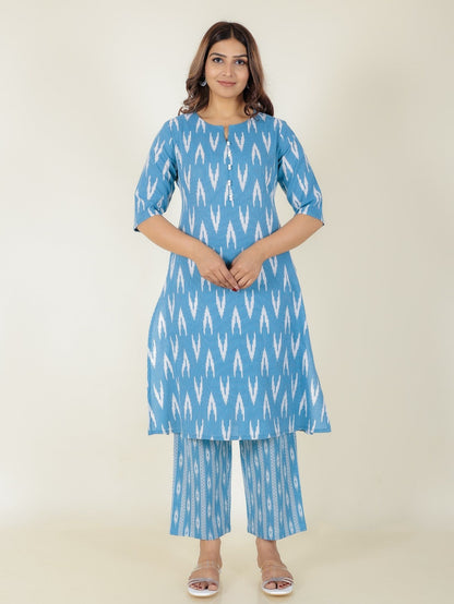 Women's Cotton Blue A-line Kurta Set