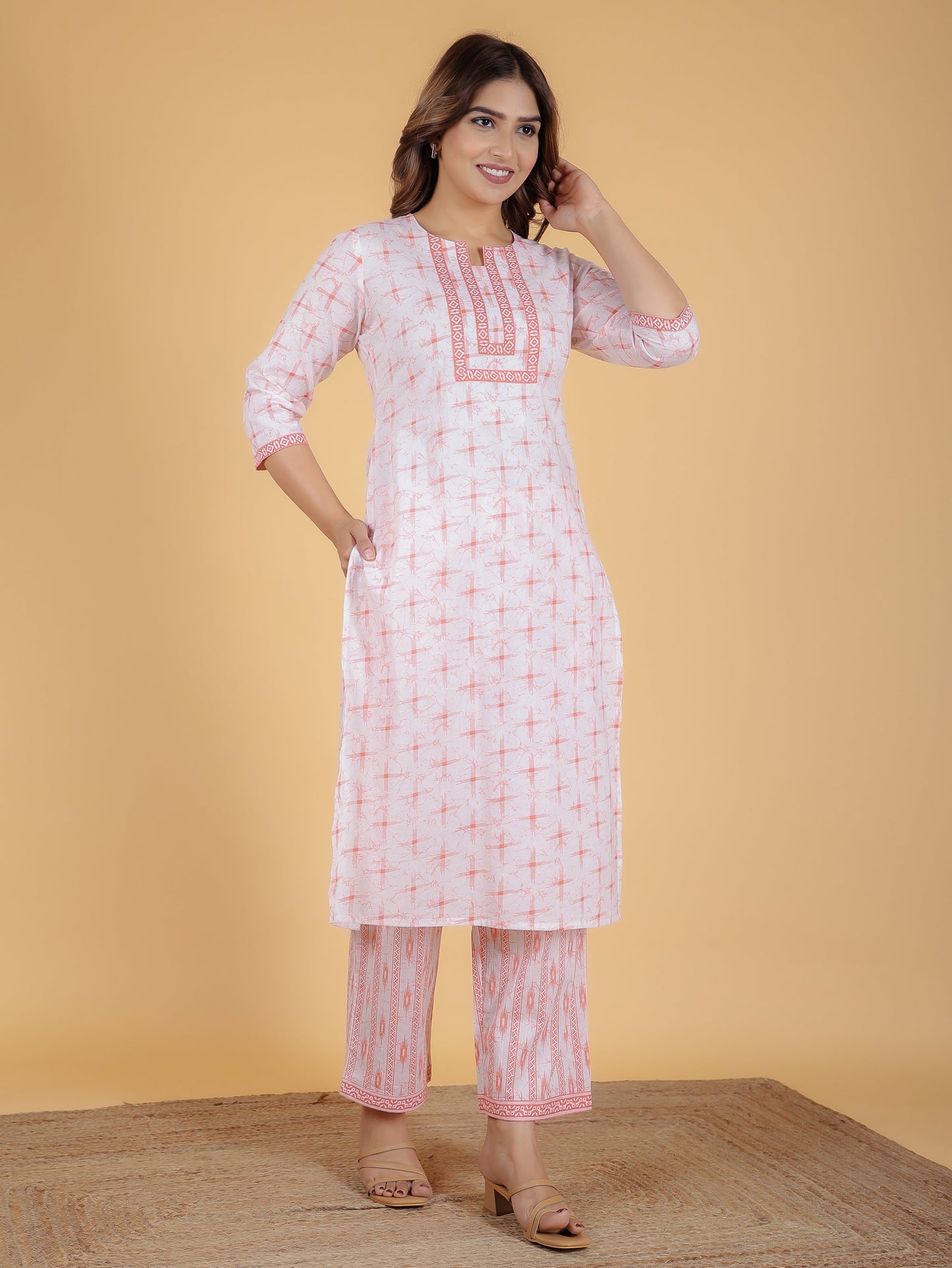 Women's Cotton Orange Straight Kurta Set