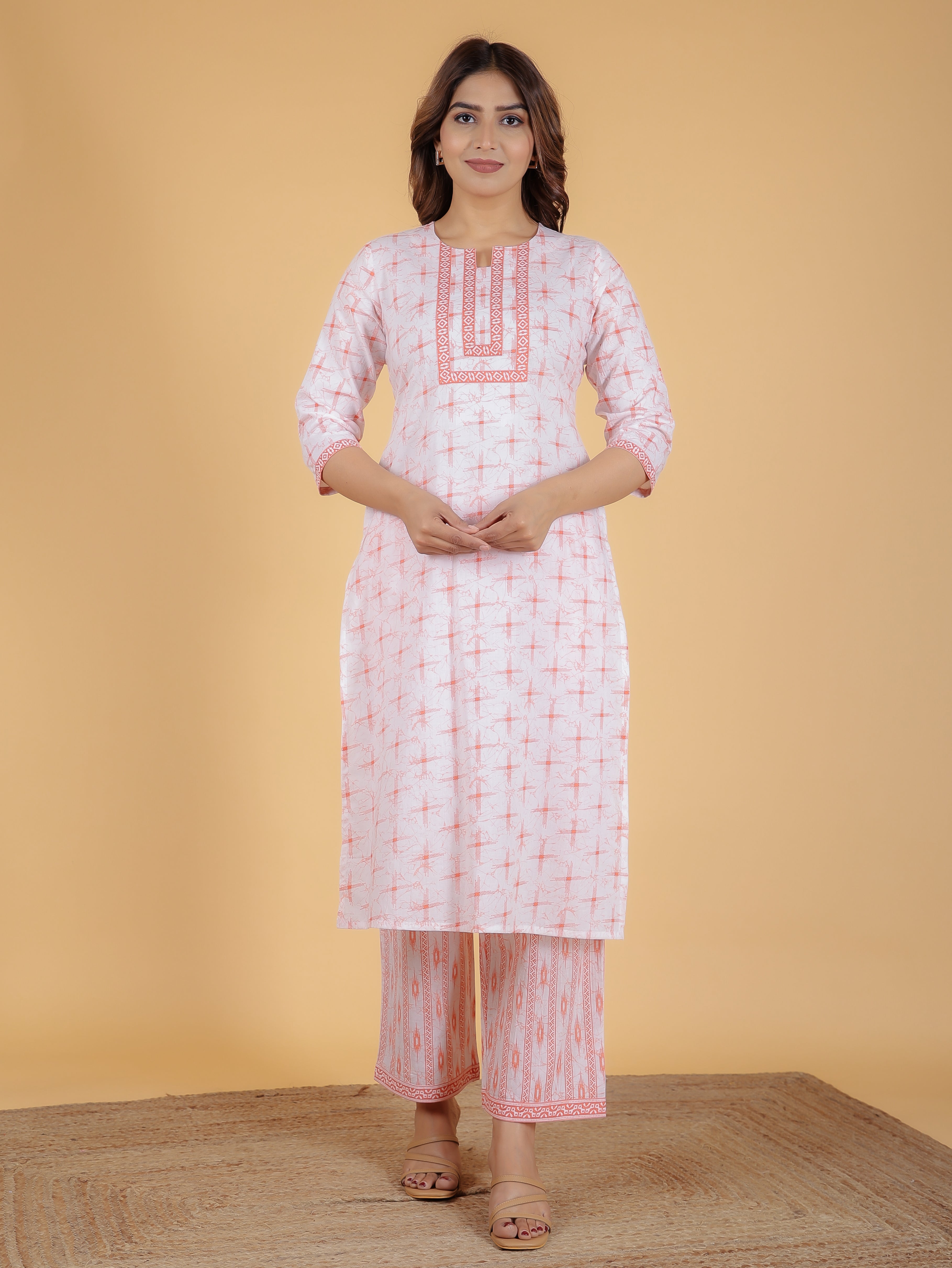 Women's Cotton Orange Straight Kurta Set