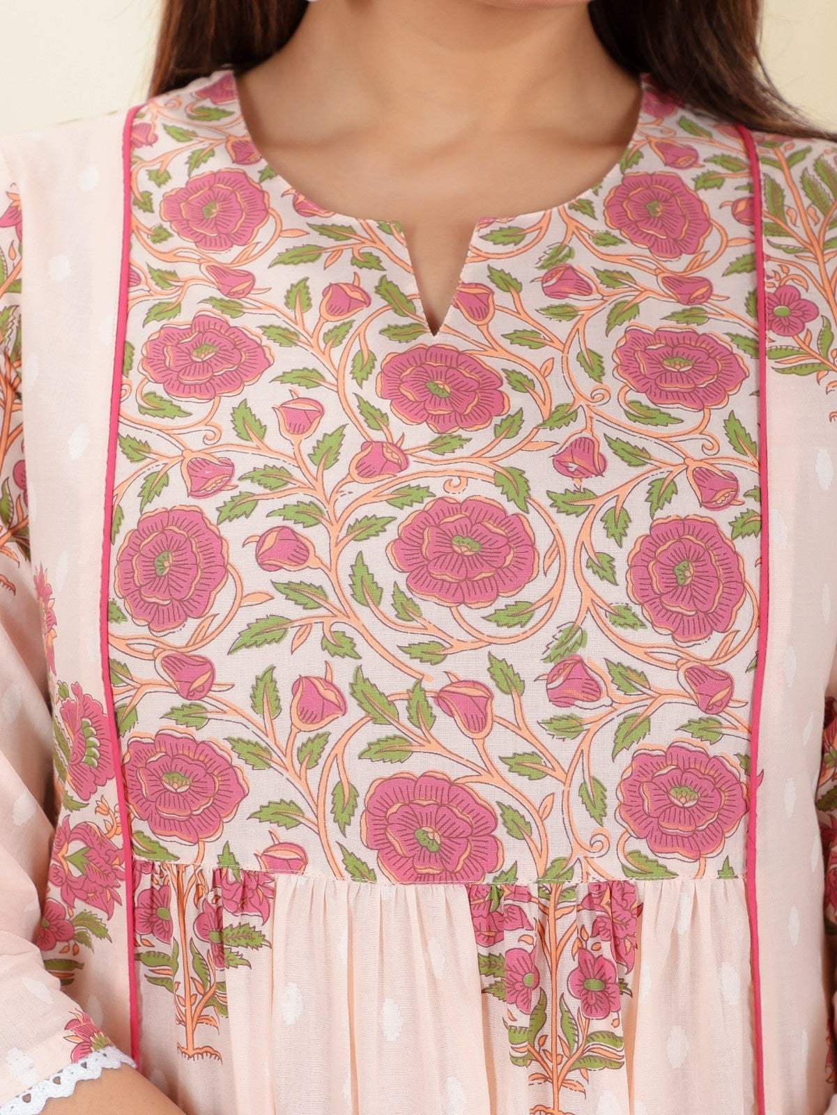 Women's Cotton Pink Panelled Kurta Set