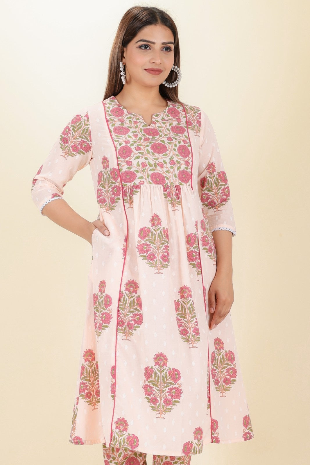 Women's Cotton Pink Panelled Kurta